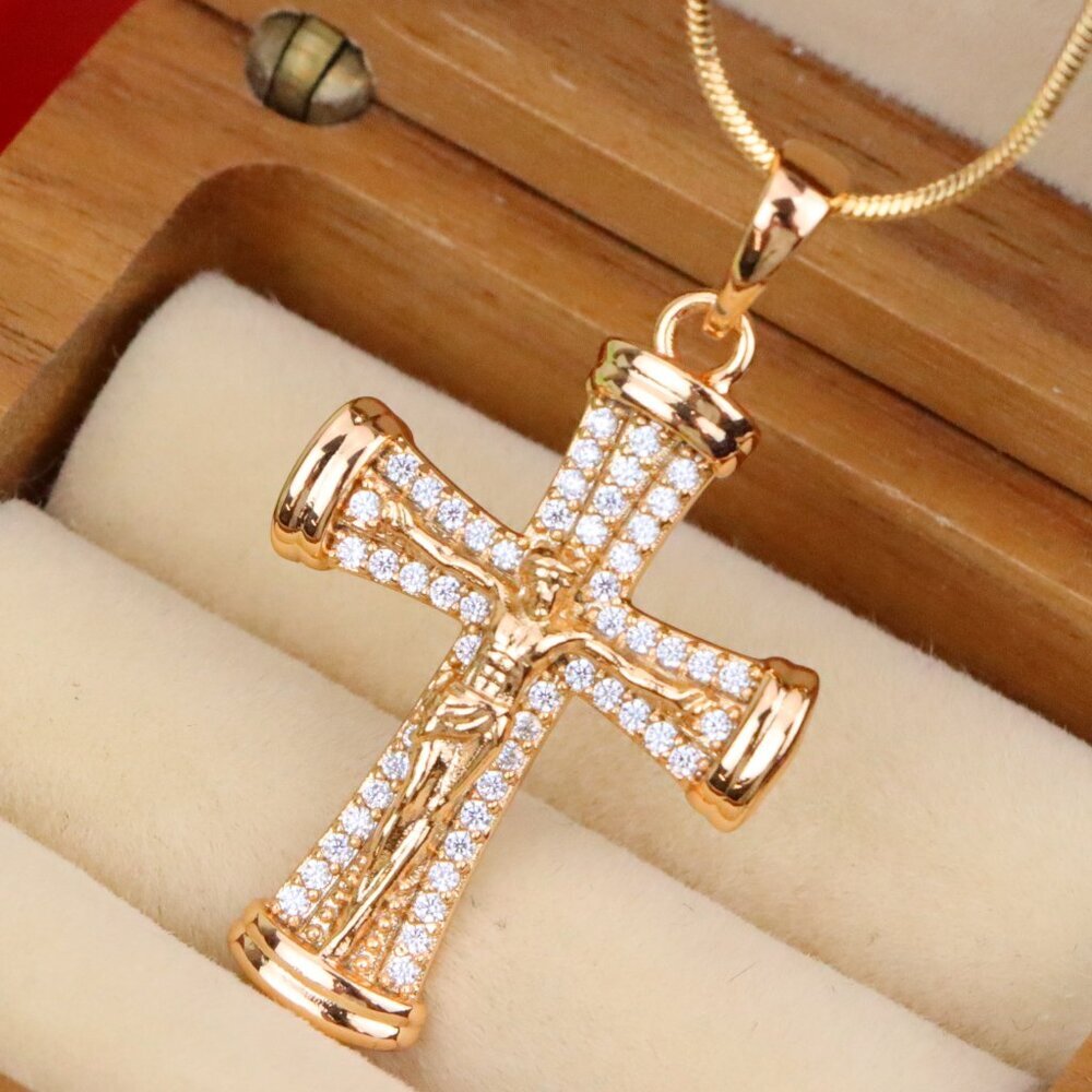 "Rose Gold Crucifix Pendant with CZ Accents and Rounded Arms Design, XPPT1846